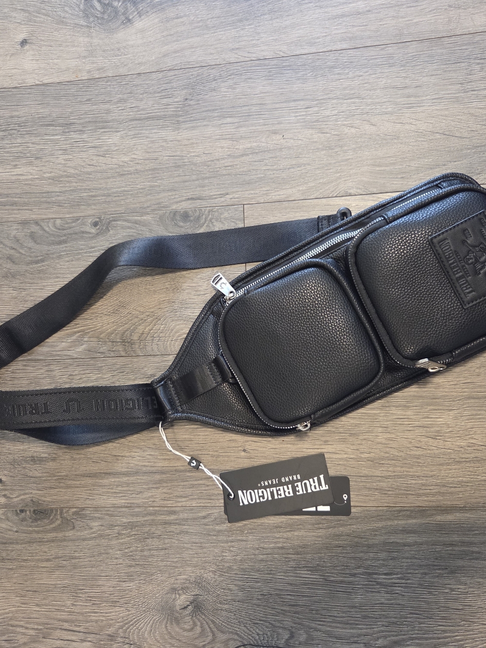 True Religion Men’s Black Leather Crossbody Sling Bag